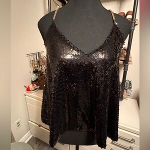 Black Sequin Tank Top with Gold Straps